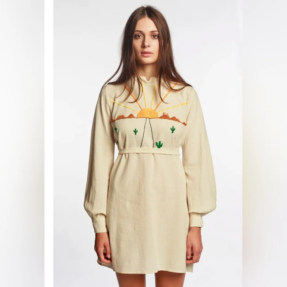 Desert Sun On The Road Embroidered Mini Dress S Southwest Boho Hippie Western - Picture 1 of 15